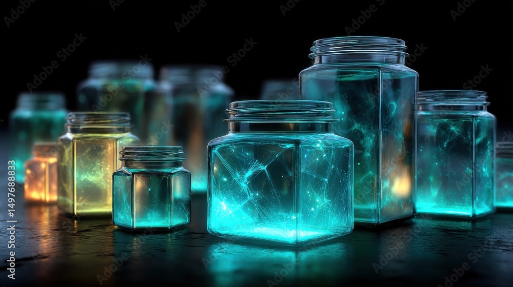 Poster glowing jars filled with energy on a dark surface, symbolizing innovation and scientific discovery f