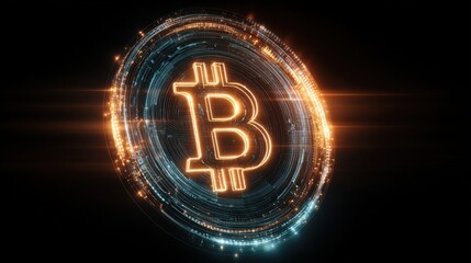 Glowing Bitcoin Symbol Surrounded by Digital Circuitry on Black Background, Representing Cryptocurrency Innovation and Financial Technology : Generative AI