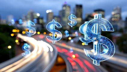 Glowing Dollar Signs Over City Traffic at Night, Representing Financial Technology and Investment Opportunities With Urban Prosperity : Generative AI