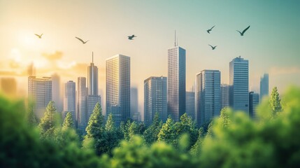 Obraz premium Sunrise over a modern city skyline, partially obscured by lush green trees.