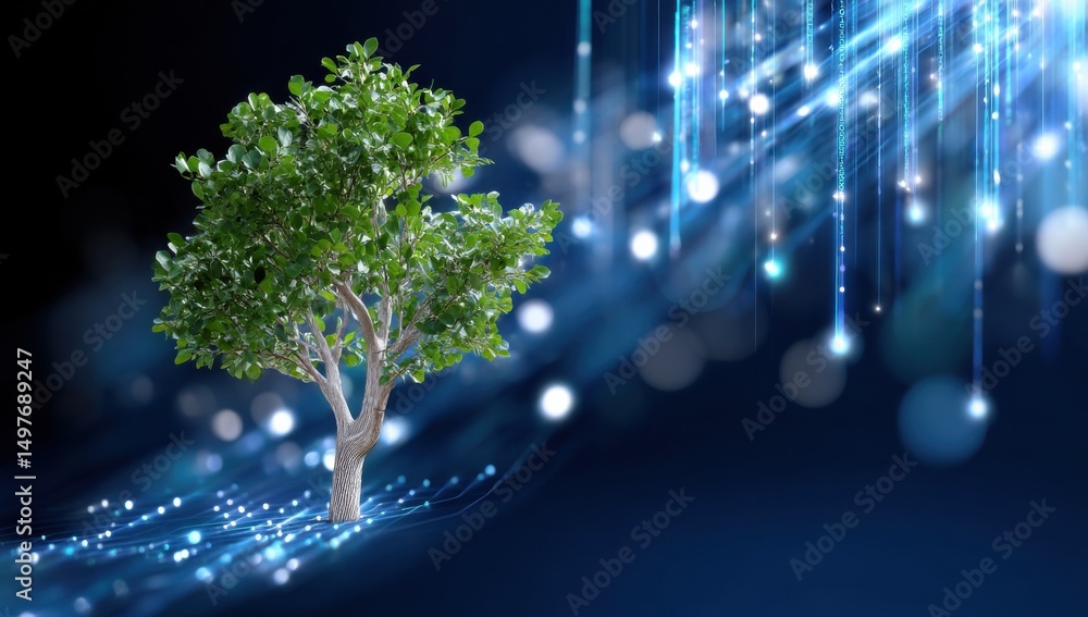 Poster green tree connected to digital network, illustrating sustainable technology and environmental innov
