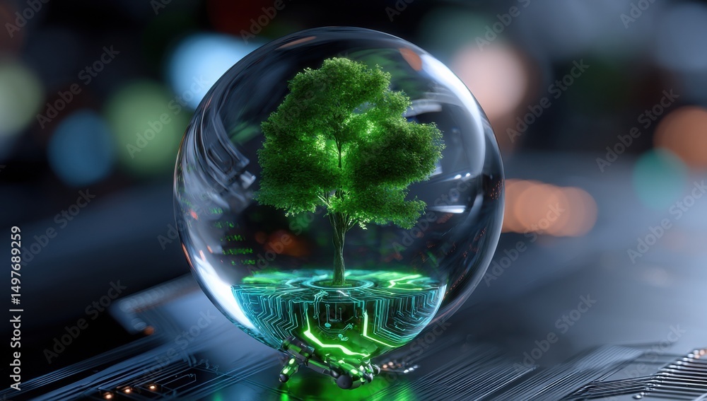 Aufkleber tree growing inside glass orb on circuit board, symbolizing technological innovation and sustainable