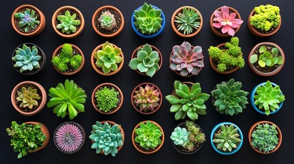 Succulents in various pots arranged on a dark surface