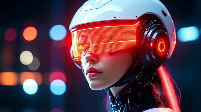 Side profile of a futuristic female android with red lights