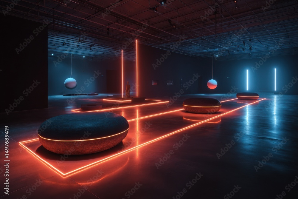 Poster modern art installation with glowing lines and stone seats, showcasing innovation and creative expre