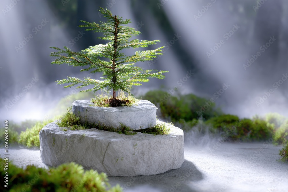 Aufkleber small tree growing on stone steps in soft light, symbolizing environmental stewardship and sustainab