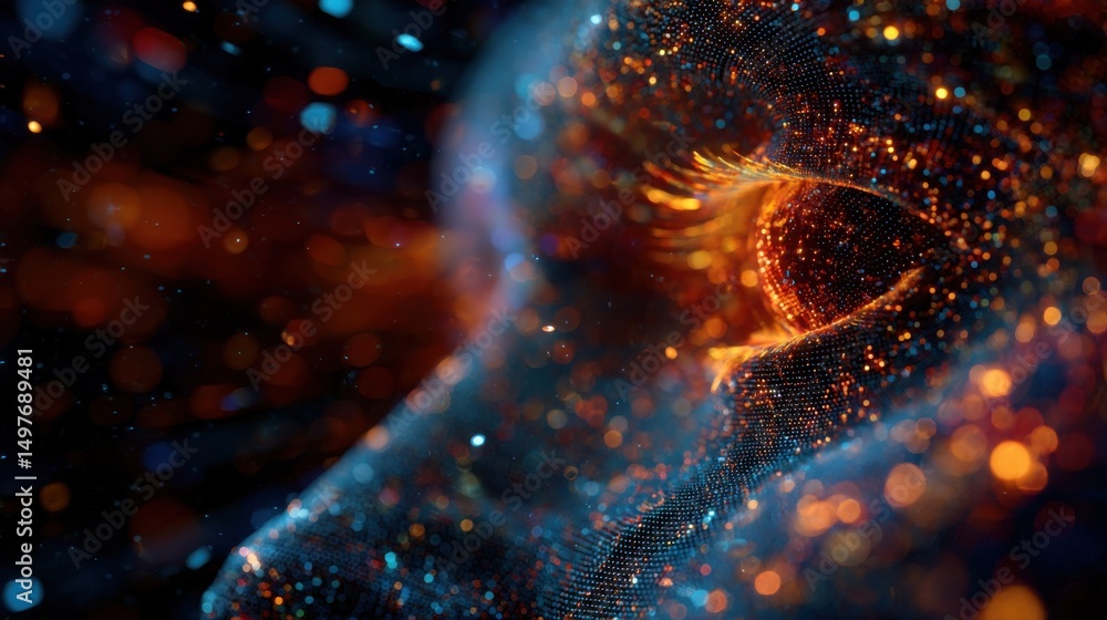 Aufkleber Abstract Mesh of Glowing Particles in Blue and Orange, Representing Digital Transformation and Technological Innovation : Generative AI