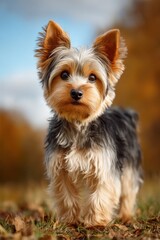 Yorkshire Terrier Puppy Portrait Outdoors in Autumn, Symbolizing Pet Adoption and the Joys of Companionship and Animal Welfare : Generative AI