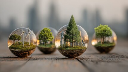 Miniature Worlds in Glass Orbs Featuring Wind Turbines and Cityscapes, Showcasing Sustainability and Environmental Awareness : Generative AI