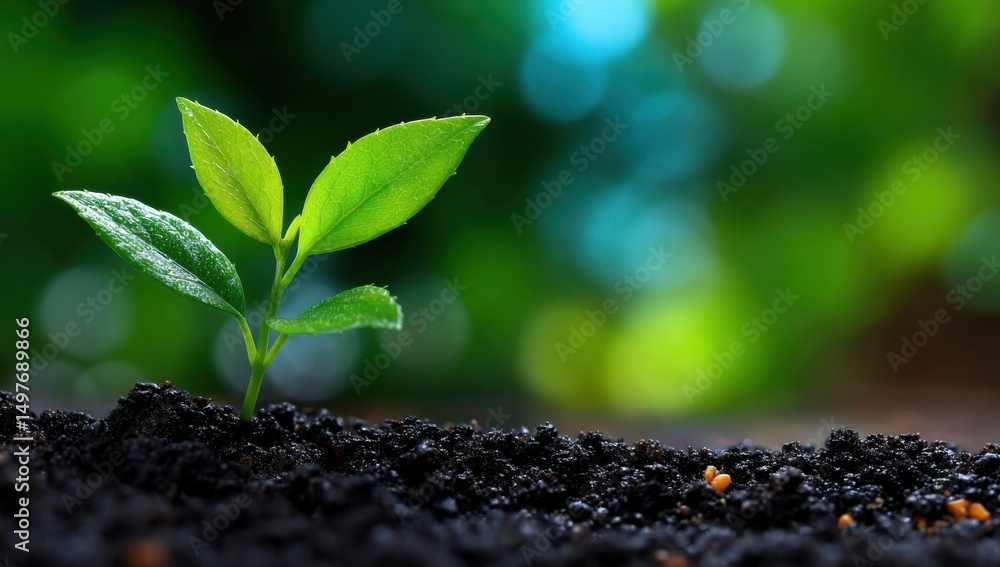 Poster small plant sprouting from soil, symbolizing growth and environmental stewardship in agriculture and