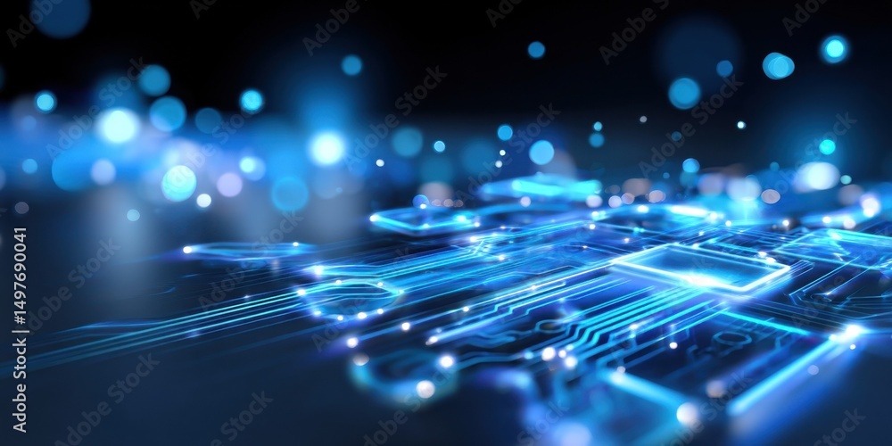 Aufkleber Glowing Blue Circuit Board Close-Up, Symbolizing Technological Advancement and Digital Transformation in Modern Business : Generative AI