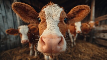 Close-Up of Curious Calf in Barn, Symbolizing Animal Welfare and Sustainable Agriculture Practices, Perfect for Farm-to-Table Campaigns : Generative AI