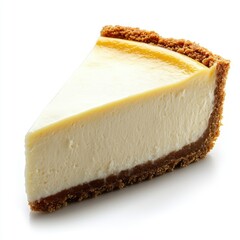 Creamy cheesecake slice with graham cracker crust on white background
