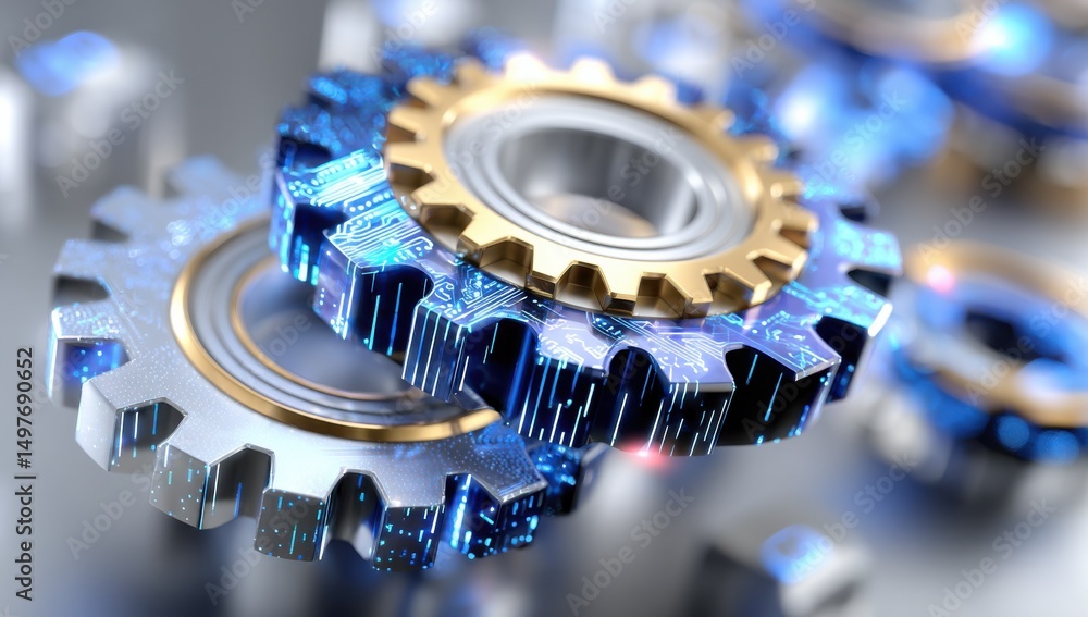 Fototapete interlocking gears with circuitry, representing technological advancement, engineering precision, an