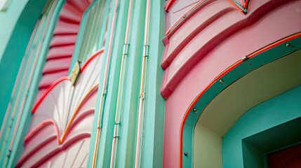 Miami Art Deco doorway detail, close-up, pastel colors and neon trim, pink, mint, and aqua palette