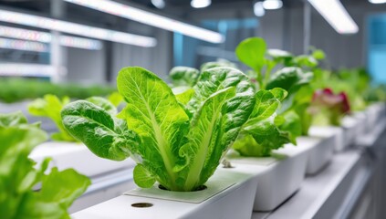 Rows of Fresh Lettuce Growing Indoors Under LED Lights, Showcasing Sustainable Agriculture and Innovation in Food Production for a Greener Future : Generative AI
