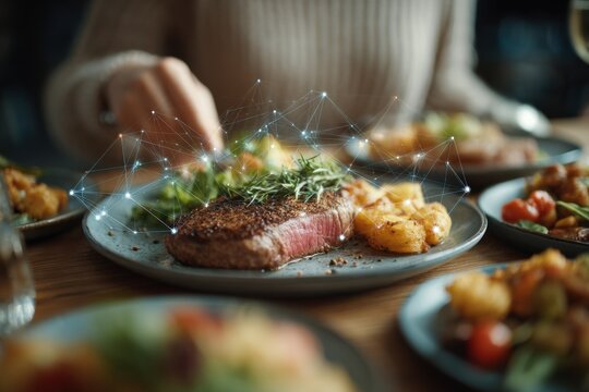 Steak Dinner with Digital Network Overlay, Symbolizing Data Analysis and Modern Food Technology for Culinary Innovation and Restaurant Marketing : Generative AI - Powered by Adobe