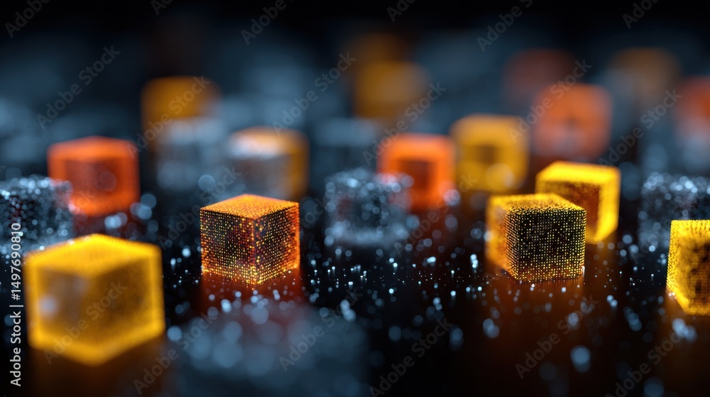 Poster Glowing Data Cubes in Orange and Blue, Representing Digital Transformation and Blockchain Technology for Business Solutions and Innovation : Generative AI