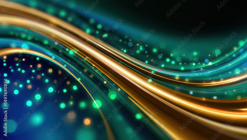 Poster Abstract Golden and Teal Flowing Lines With Bokeh Lights, Ideal for Technology Innovation and Digital Transformation Projects : Generative AI