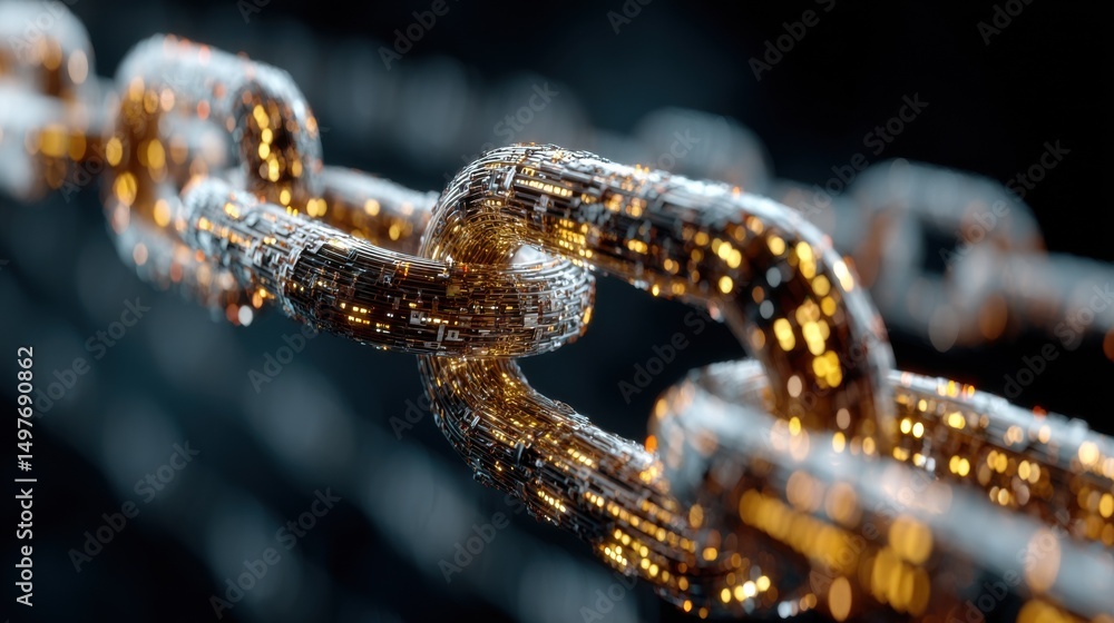 Aufkleber Futuristic Metallic Chain Links Glowing With Warm Light, Symbolizing Blockchain Technology and Supply Chain Management : Generative AI