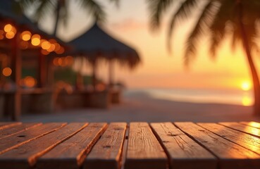 Wooden table top on blur beach bar background with bokeh lights at sunset. Empty table display, product showcase, promotion. Tropical scenery with palm trees, cafe umbrellas at sandy beach.