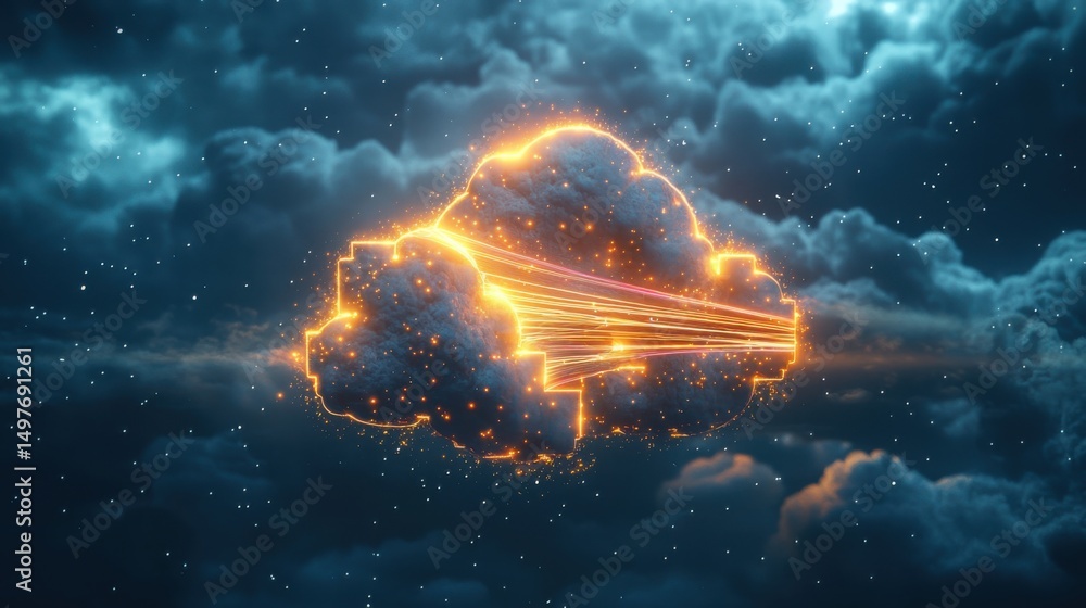 Poster a glowing cloud computing concept with data streams flowing across a starry night scene.