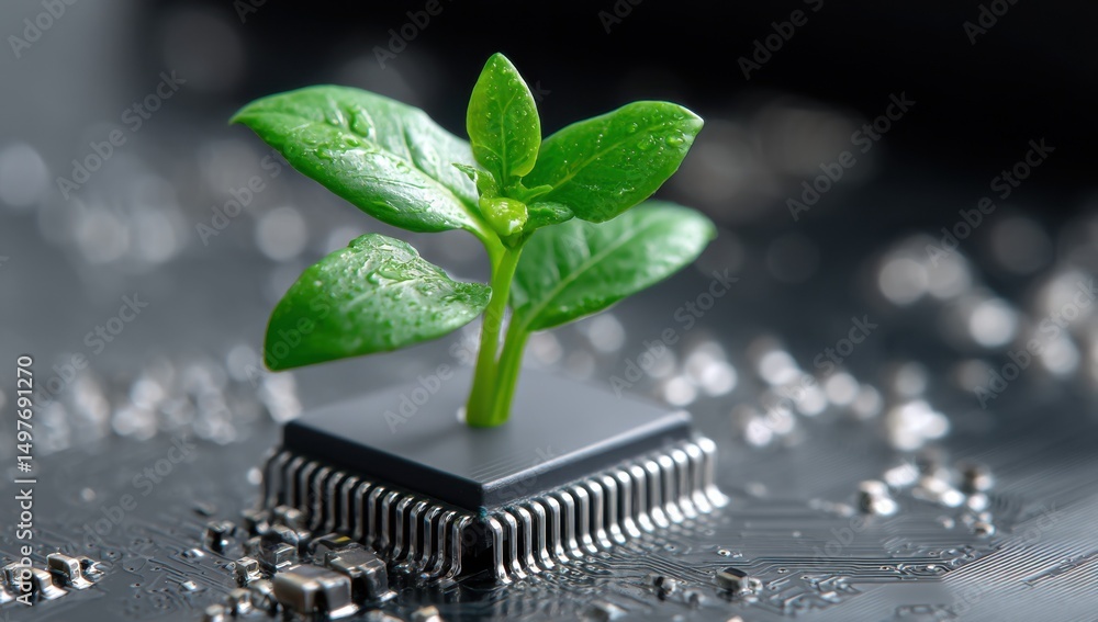 Leinwandbilder sprout growing from computer chip, symbolizing technological innovation and sustainable development 