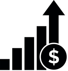 Black financial growth icon with upward bar chart and dollar symbol, used for profit and revenue concepts	