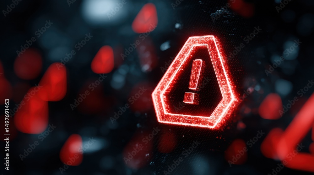 Poster Glowing Red Exclamation Point Symbol on Dark Background, Signifying Alert and Cybersecurity Vulnerability for Risk Management and Threat Detection : Generative AI