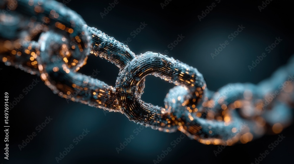 Poster Macro View of Interlocking Chain Links With Glowing Edges, Symbolizing Blockchain Technology and Supply Chain Management Solutions : Generative AI