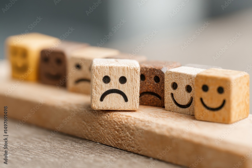 Aufkleber wooden blocks with different facial expressions displayed on a wooden surface, representing customer
