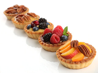 Assorted fruit tartlets with peach, blackberry and strawberry