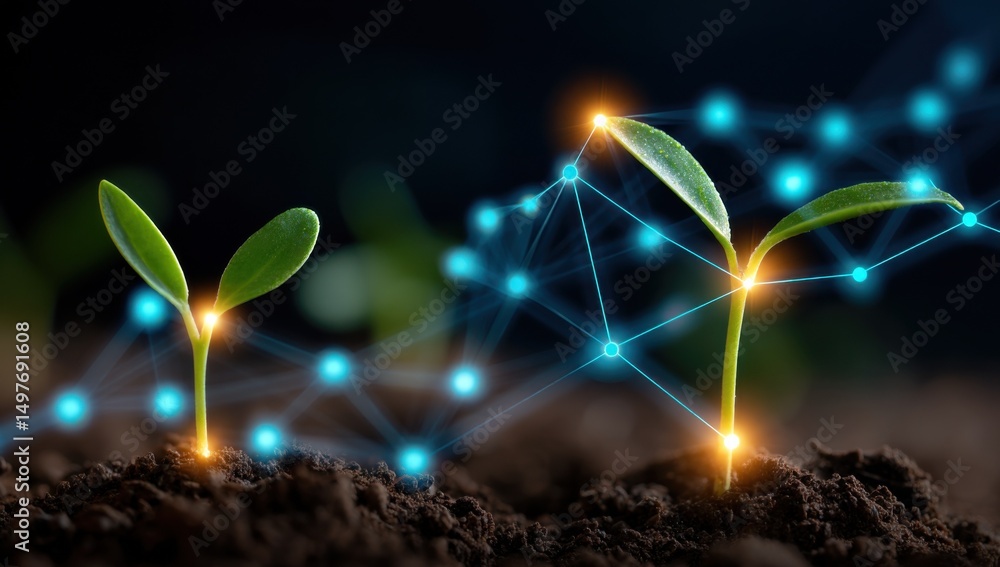 Poster Seedlings Emerging From Soil With Glowing Network Connection, Symbolizing Growth and Technological Innovation in Sustainable Development and Future Investment : Generative AI