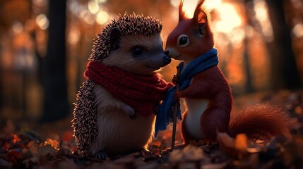 Autumnal Encounter: A Hedgehog and Squirrel's Gentle Meeting in the Forest