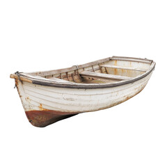 Weathered white wooden rowboat, showing age and wear