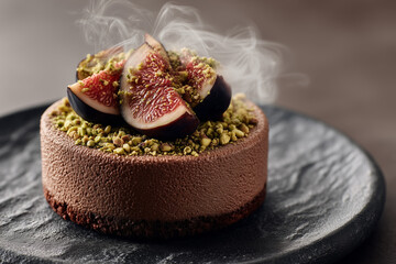 Chocolate mousse dome with fresh fig slices and pistachio dust, AI Generated
