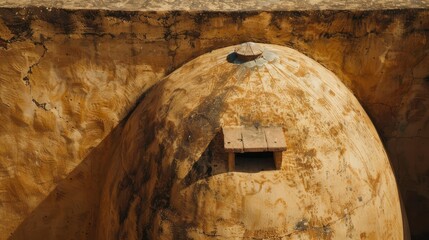Nigerian adobe granary top, flat lay, domed roof with vent cap, terracotta and sun-worn natural tones