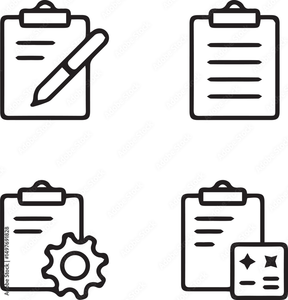 Poster clipboard icon set: an array of four sleek, modern icons representing different aspects of a clipboa