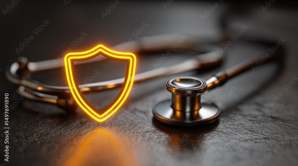 Aufkleber stethoscope and glowing shield symbol on dark surface, representing healthcare security and insuranc