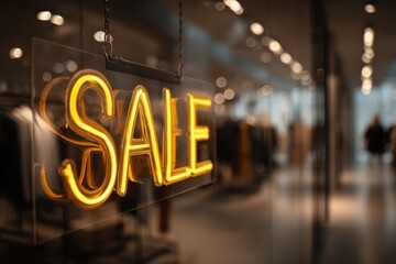 Glowing Neon Sale Sign Hanging in Store Window, Representing Retail Opportunity and Consumerism, Inviting Customers to Shop : Generative AI