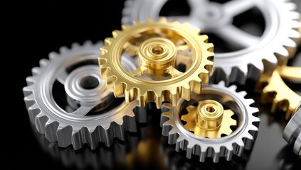 Gold and Silver Gears Interlocking on Black Surface, Symbolizing Collaboration, Engineering Solutions, and Industrial Progress : Generative AI