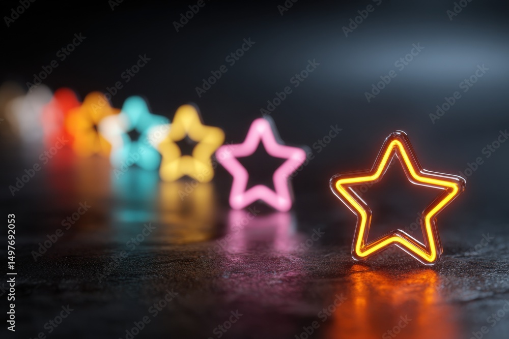 Aufkleber neon stars in a row on dark surface, symbolizing achievement and recognition for employee appreciati