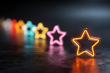 Neon Stars in a Row on Dark Surface, Symbolizing Achievement and Recognition for Employee Appreciation Programs and Business Success : Generative AI