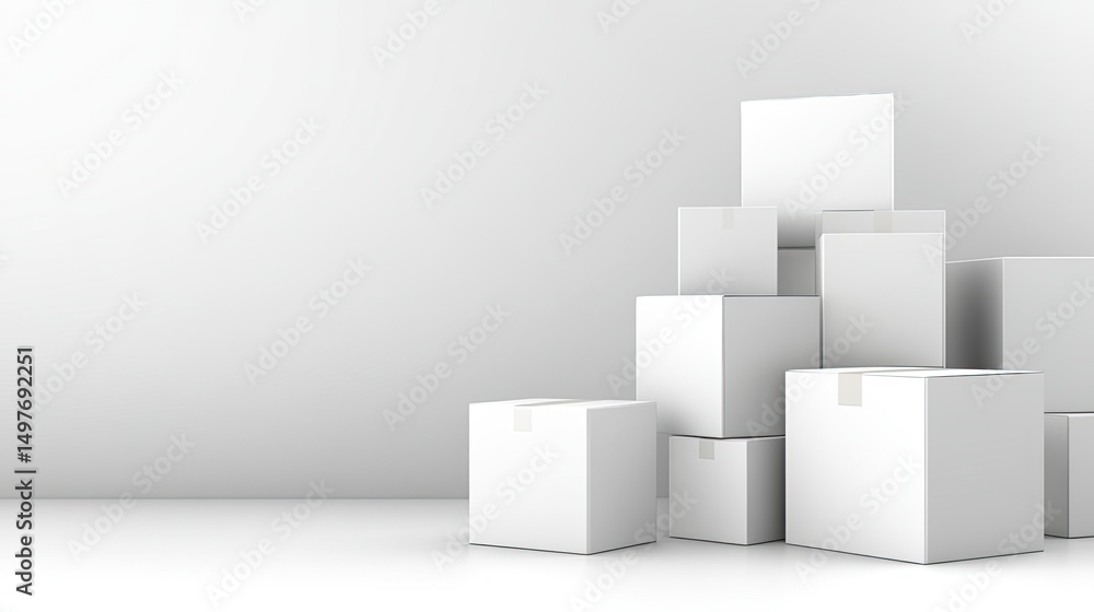 Poster minimalist display features a white box on three smaller boxes, surrounded by spheres against a clea