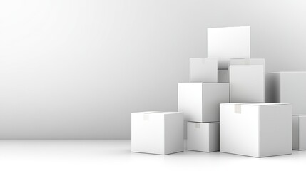 Obraz premium Minimalist display features a white box on three smaller boxes, surrounded by spheres against a clean, simple background