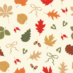 Vector fall seamless pattern with autumn leaves, bows, acorns and rose hipsin beige, yellow, red and green colors