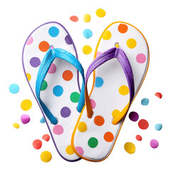Playful pair of brightly colored flip flops on beach with summer confetti, isolated on transparent background