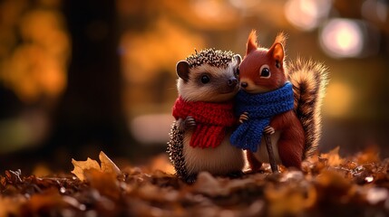 Autumnal Friends: A Hedgehog and Squirrel Embrace in a Forest of Golden Leaves