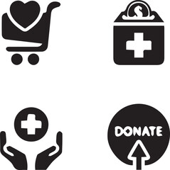 Obraz premium Charity Icons: A collection of essential icons embodying the spirit of giving, including a heart-filled shopping cart, donation box, caring hands and call to action icon. 