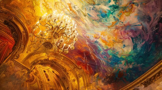 Opera Garnier ceiling fresco, close-up, swirling colorful painting with chandelier, golden baroque tones